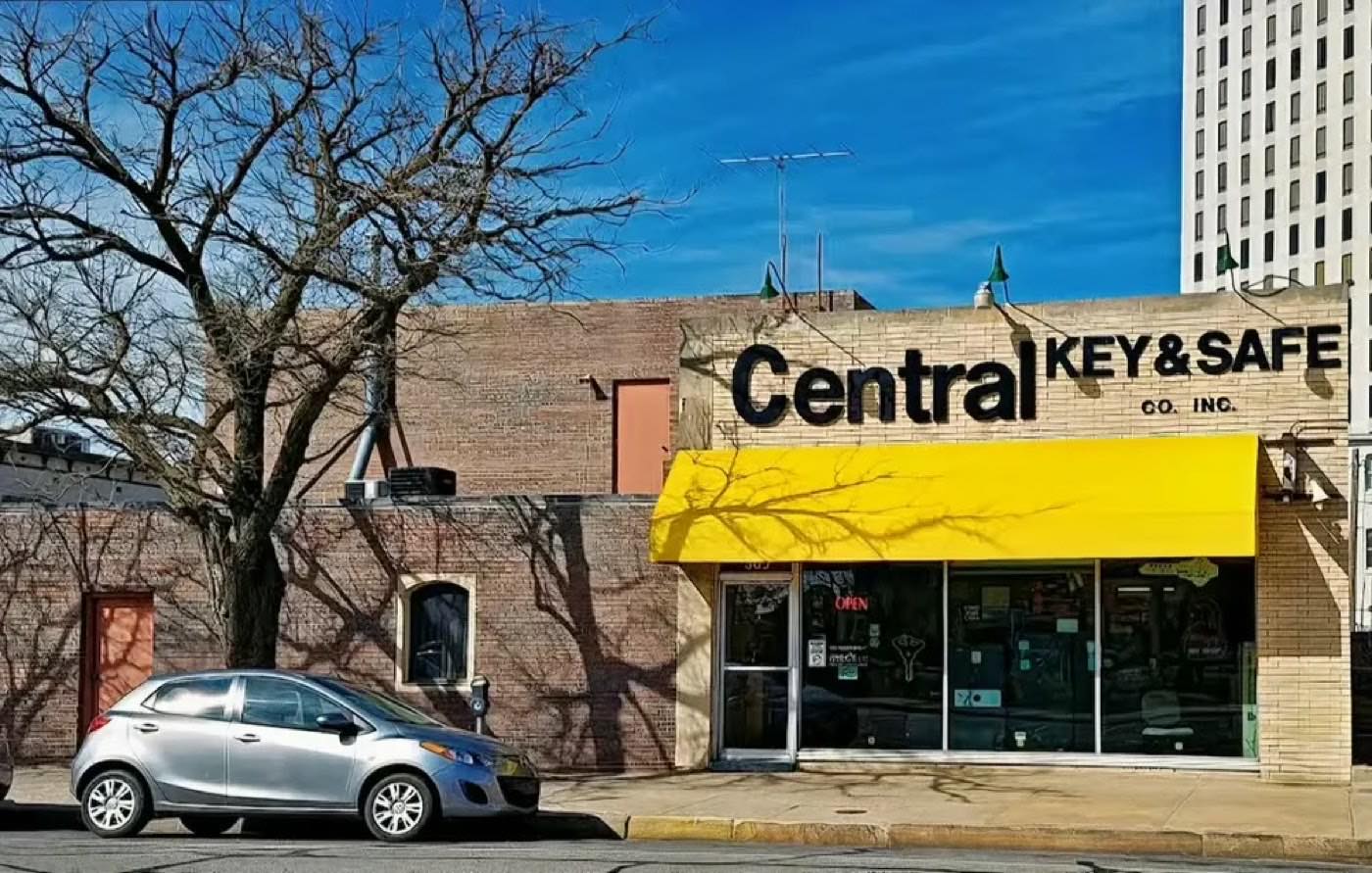 The Central Key & Safe storefront at 305 N. Market Street in downtown Wichita, with its yellow awning and black lettering